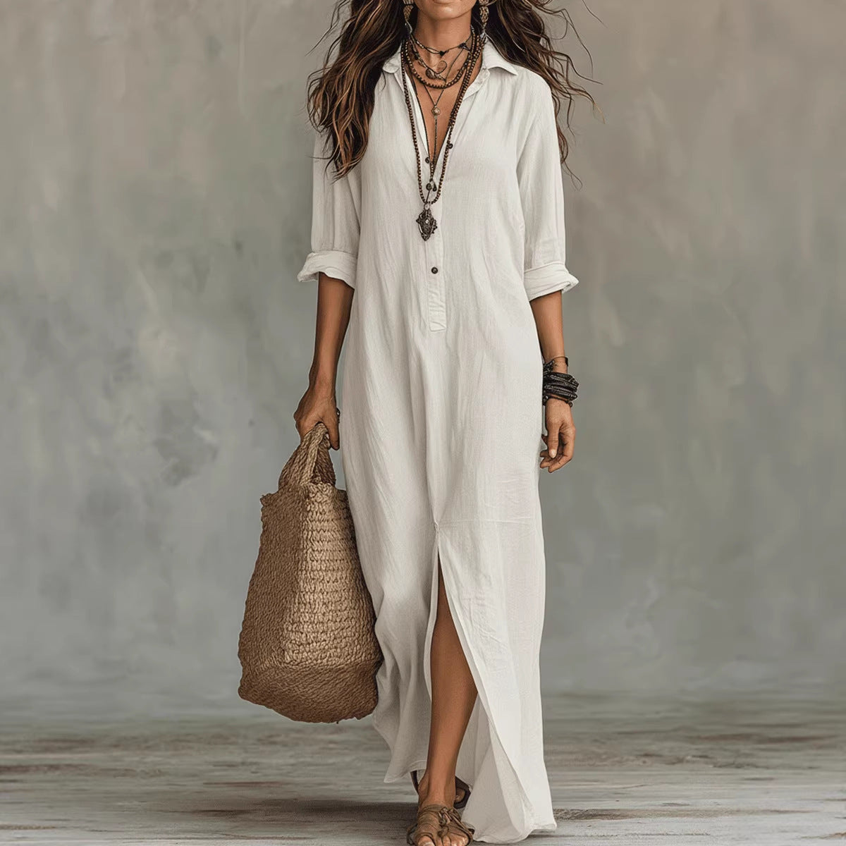 Elegantes Langarm-Maxikleid mit Revers & Seitenschlitz
