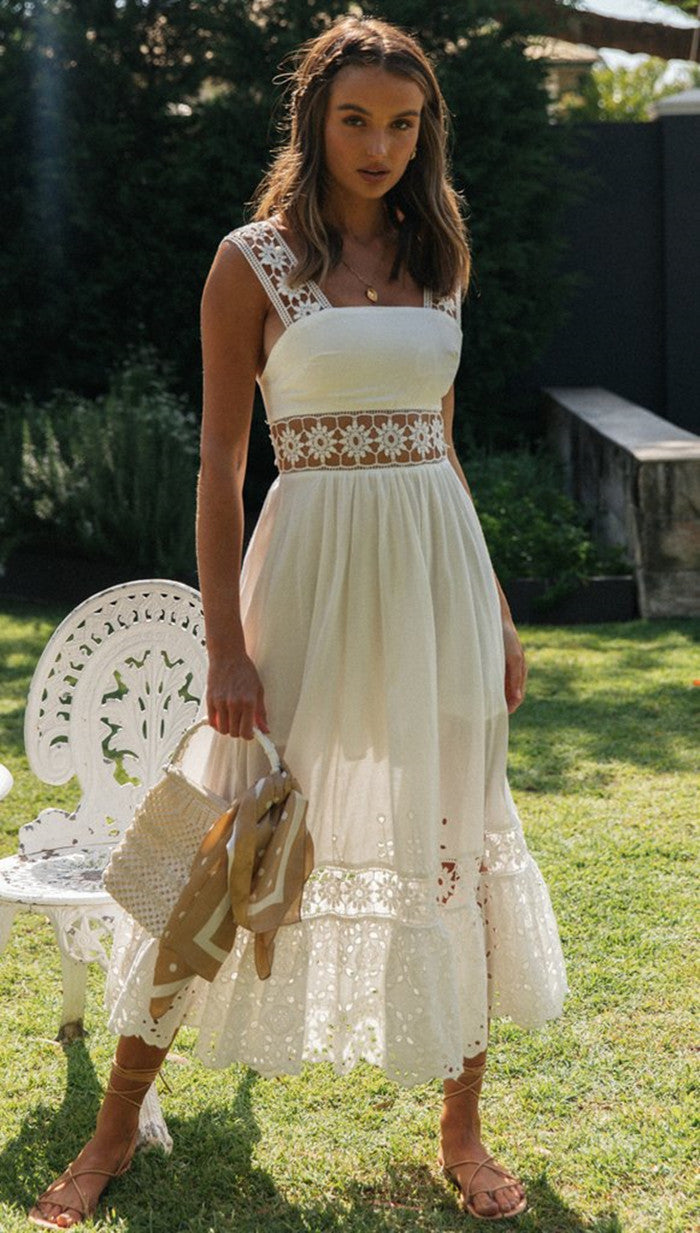 Boho Spitzen-Maxikleid mit Blumenmuster