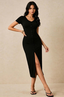 Single-breasted V-neck Short-sleeve Dress