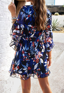 Summer Floral Print Short Sleeves Dress Lace Up Ruffles Design Fashion V-neck Short Dresses Womens Clothing