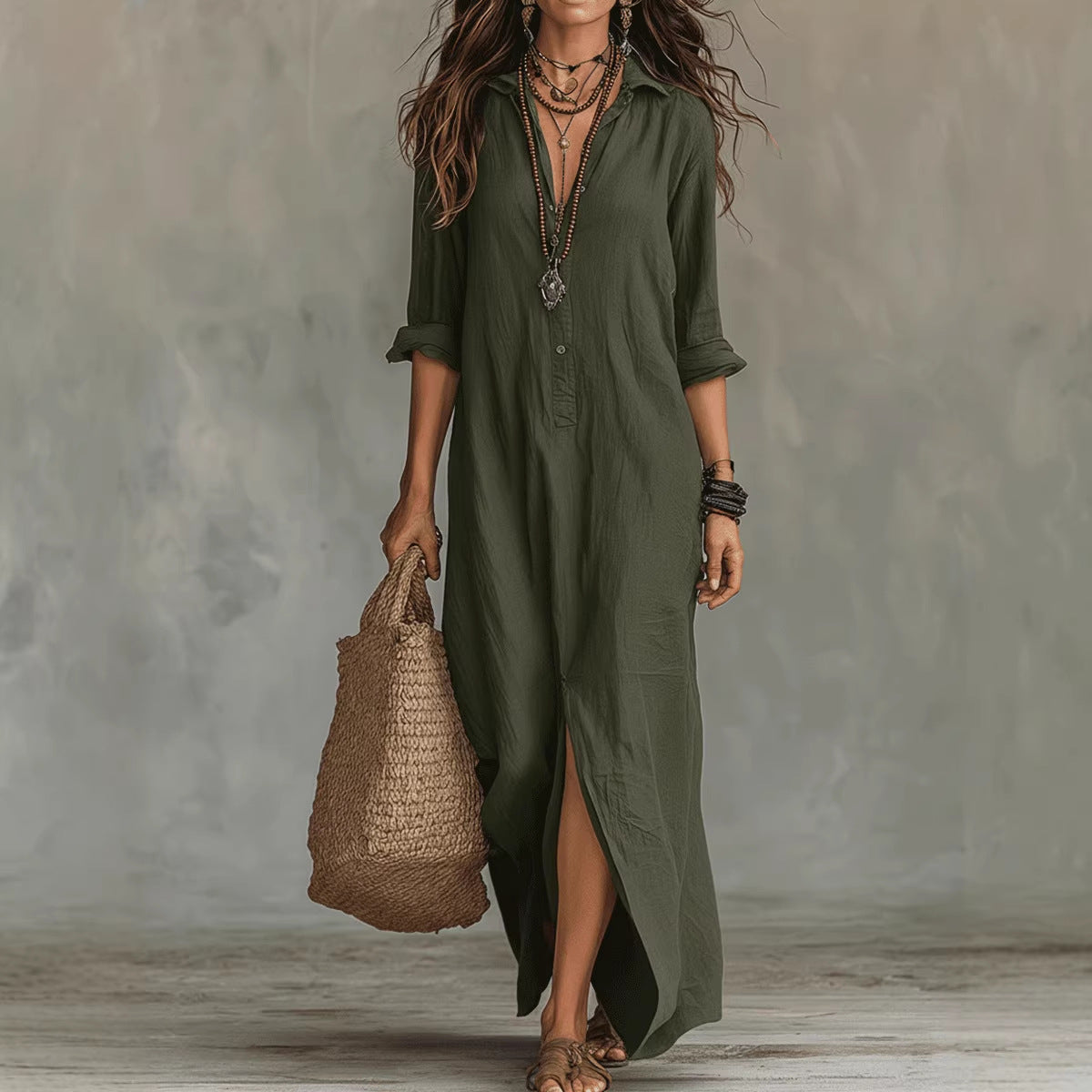 Elegantes Langarm-Maxikleid mit Revers & Seitenschlitz