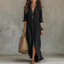 Langarm Maxi-Kleid Revers Seitenschlitz Damen – Sévea Schweiz