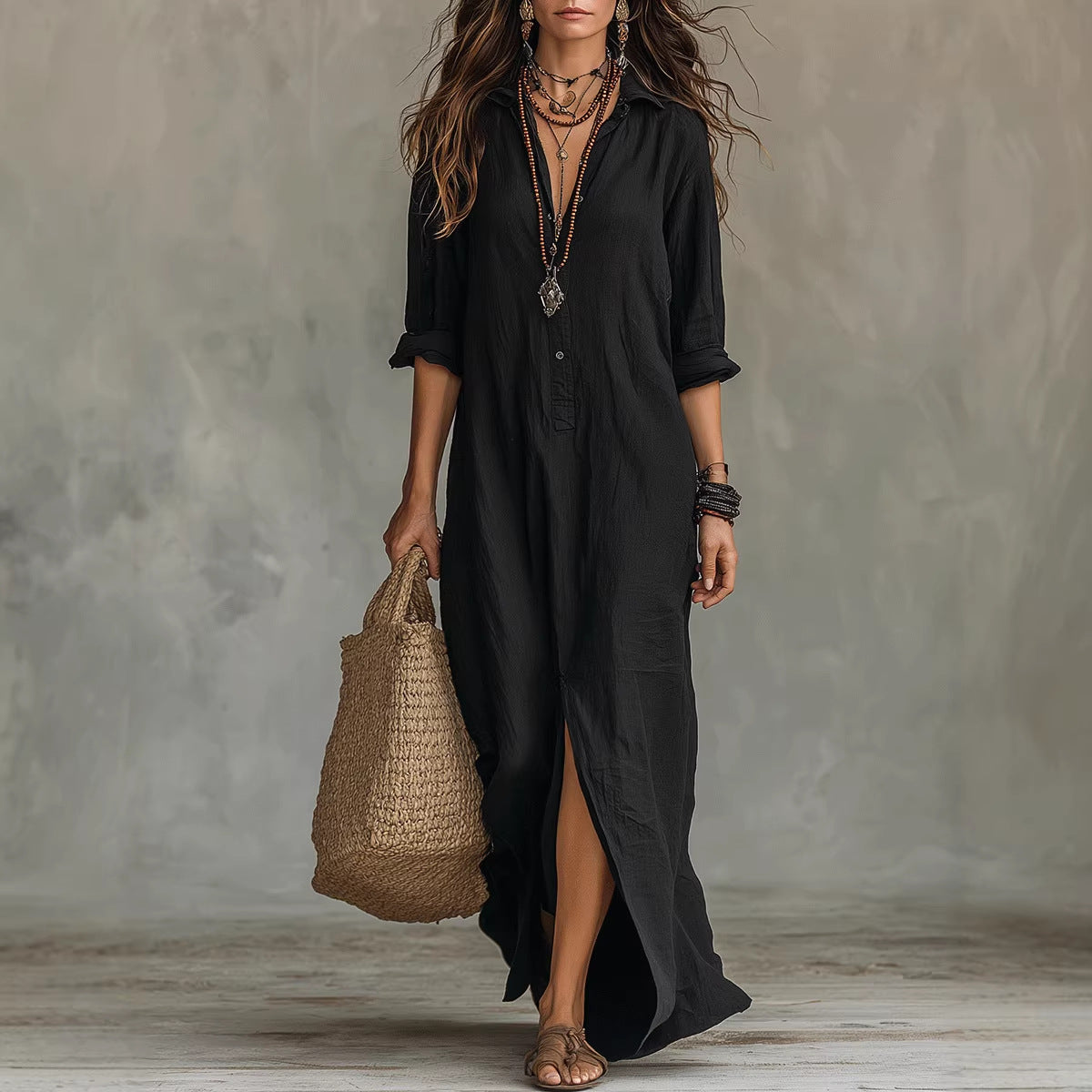 Langarm Maxi-Kleid Revers Seitenschlitz Damen – Sévea Schweiz