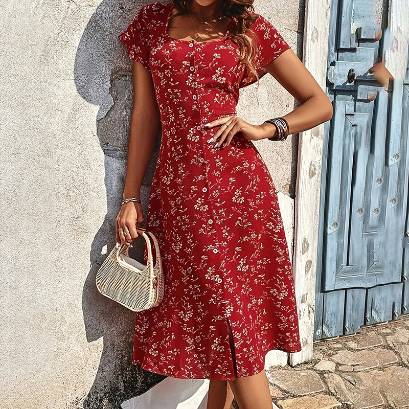 Florales Boho Kleid Knopfleiste Detail – Sévea Damen