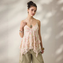 Retro Blumen-Chiffon Top Asymmetrisch Damen – Sévea Schweiz