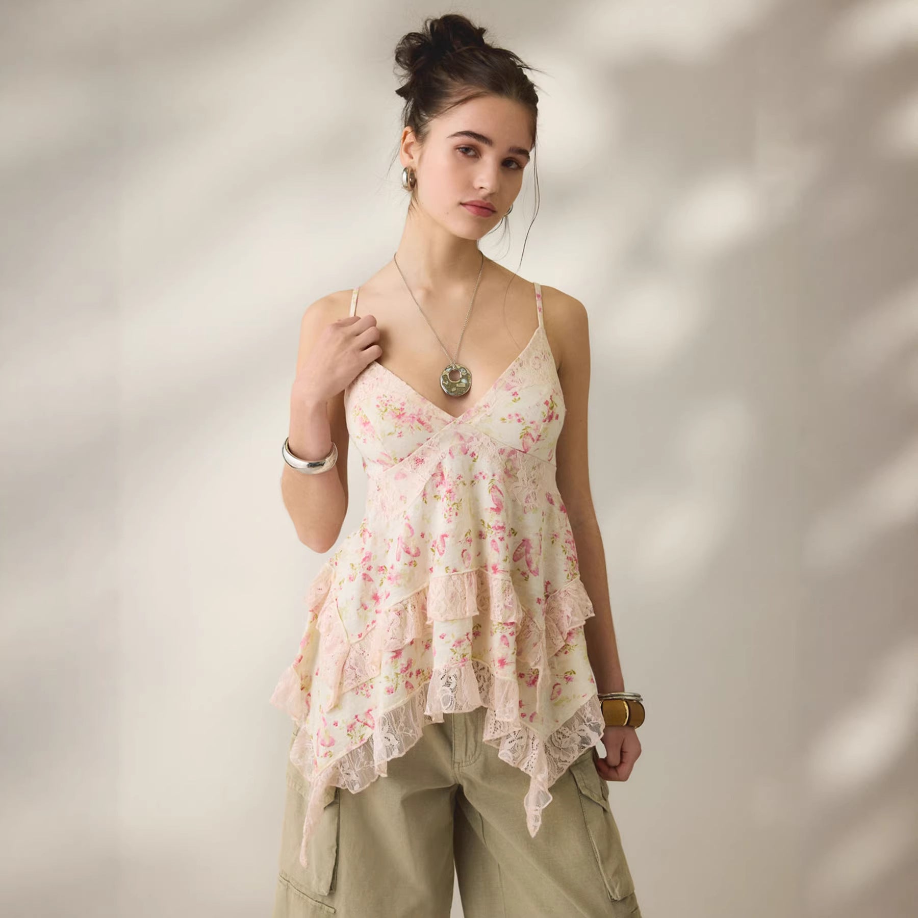 Retro Blumen-Chiffon Top Asymmetrisch Damen – Sévea Schweiz