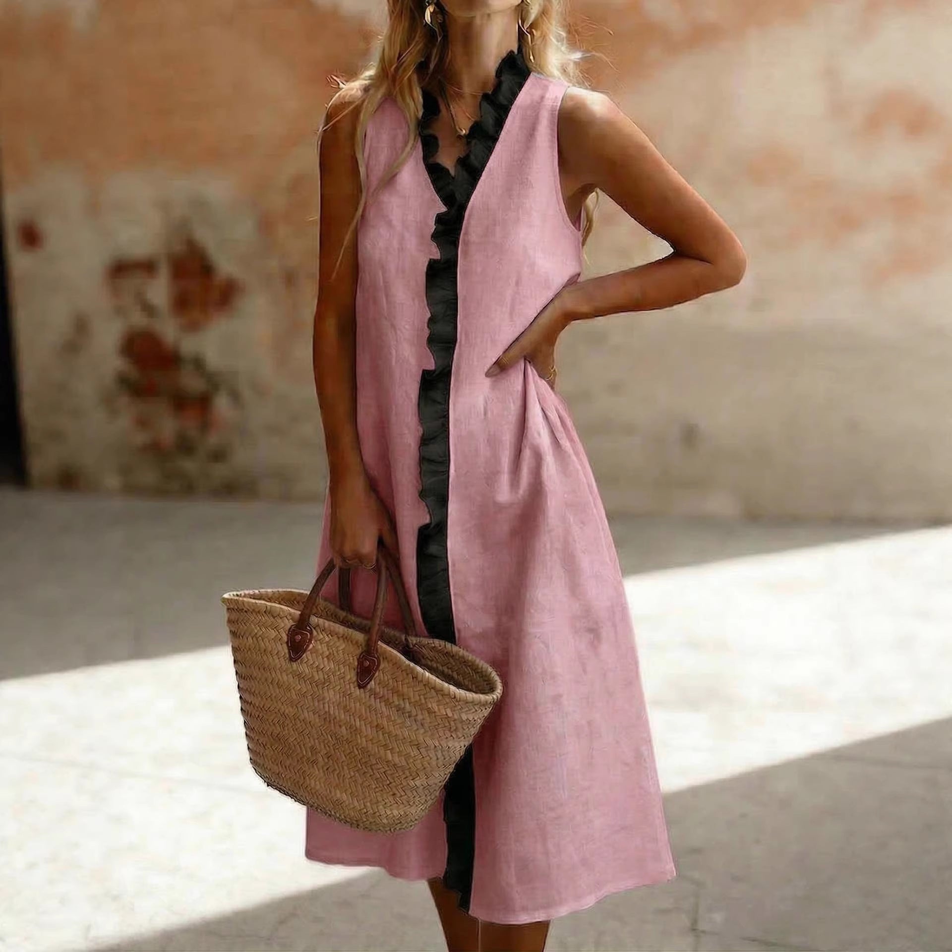 Baumwoll Linen Kleid hellblau Detail - Solea Schweiz