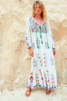 Besticktes Boho Maxikleid Frontansicht weiß – Sevea