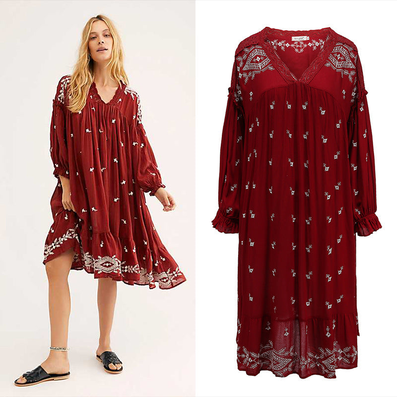 Besticktes Midi-Kleid zartem Print Rot - Sévea Alltagskleid Schweiz