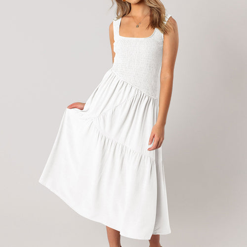 Besticktes Smock Maxi-Kleid Puffärmel Apricot - Sévea Urlaubskleid Schweiz