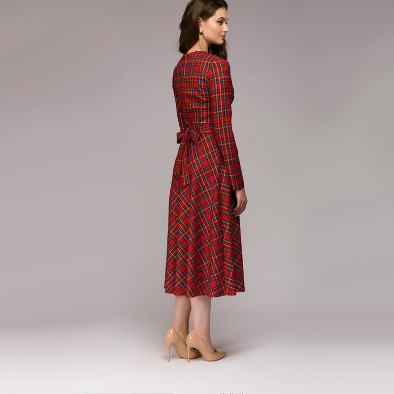 Karo Midi Kleid rot Frontansicht - Solea Kleider