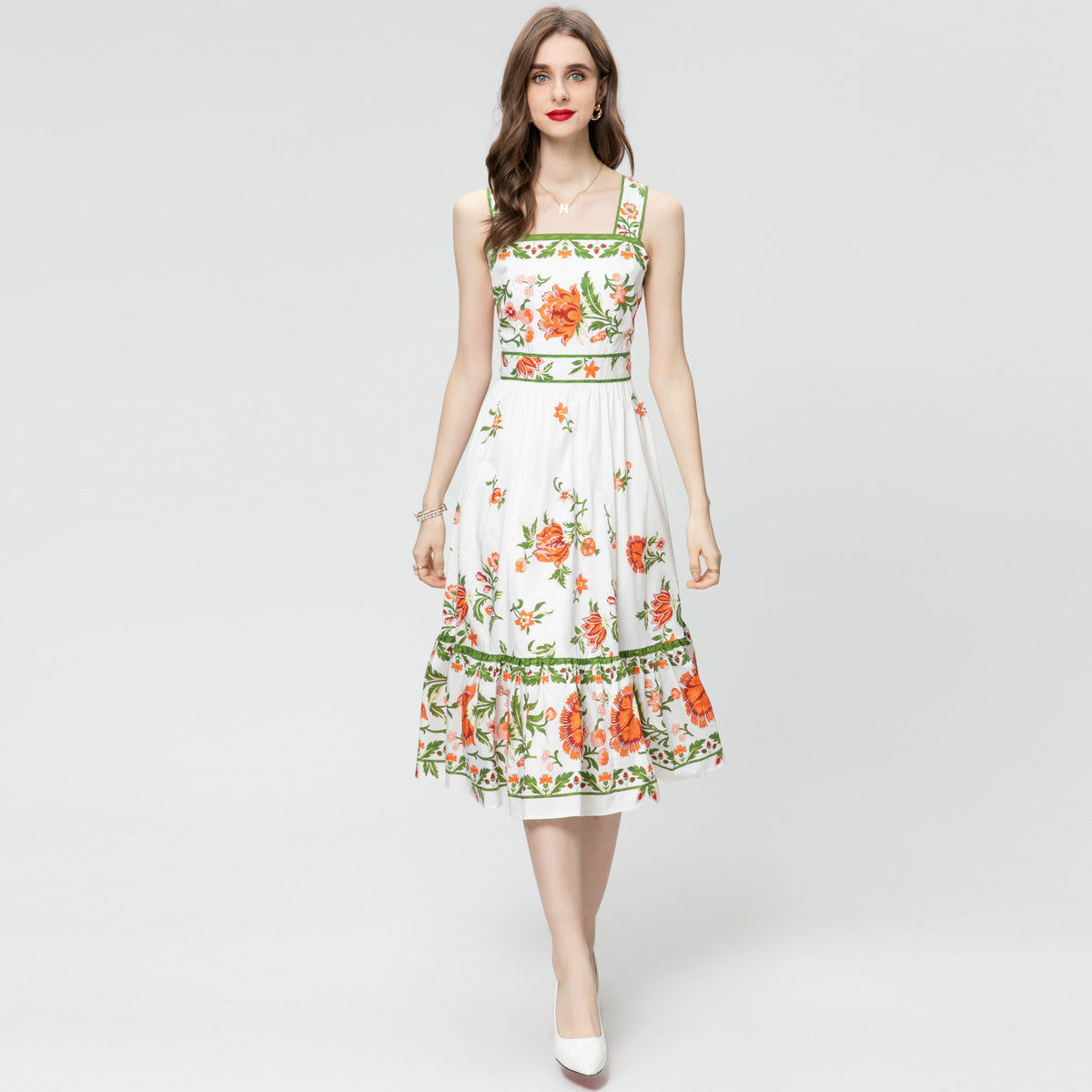 Premium Florales Baumwollkleid Midi Weiss - Sévea Feierkleid Schweiz